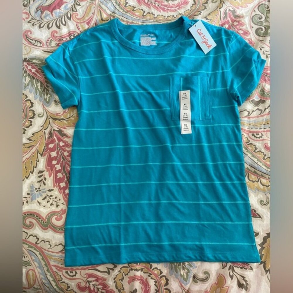 NWT Cat & Jack Boys Blue striped Pocket Tee Shirt Short Sleeve XL 14
